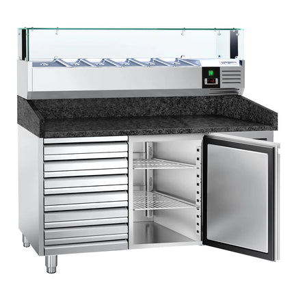 GGM Gastro Commercial Pizza Prep Counter - Granite Top PREMIUM - 1500x800mm - with 1 doors & 7 drawers - incl. refrigerated topping unit with glass sneeze guard LED - 6x GN 1/3