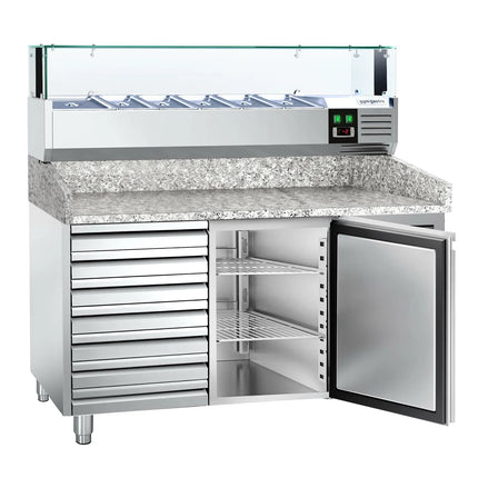 GGM Gastro Commercial Pizza Prep Counter - Granite Top PREMIUM - 1500x800mm - with 1 doors & 7 drawers - incl. refrigerated topping unit with glass sneeze guard LED - 5x GN 1/3 + 1x GN 1/2