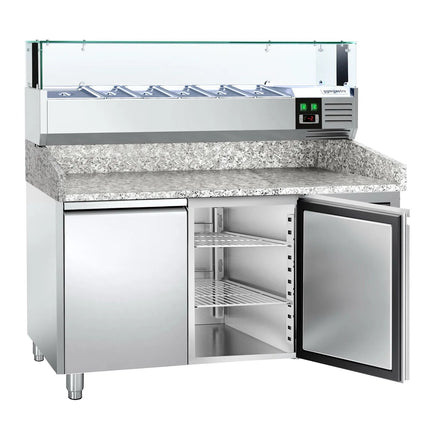 GGM Gastro Commercial Pizza Prep Counter - Granite Top PREMIUM - 1500x800mm - with 2 doors - incl. refrigerated topping unit with glass sneeze guard LED - 5x GN 1/3 + 1x GN 1/2
