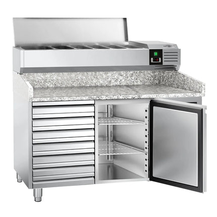 GGM Gastro Commercial Pizza Prep Counter - Granite Top PREMIUM - 1500x800mm - with 1 doors & 7 drawers - incl. refrigerated topping unit - 6x GN 1/3