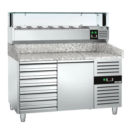 GGM Gastro Commercial Pizza Prep Counter - Granite Top PREMIUM - 1500x800mm - with 1 doors & 7 drawers - incl. refrigerated topping unit with glass sneeze guard LED - 7x GN 1/4