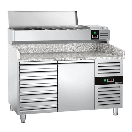 GGM Gastro Commercial Pizza Prep Counter - Granite Top PREMIUM - 1500x800mm - with 1 doors & 7 drawers - incl. refrigerated topping unit - 7x GN 1/4
