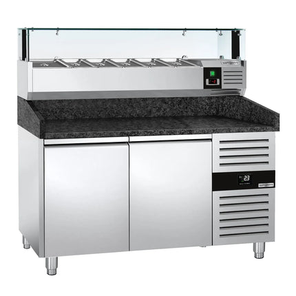 GGM Gastro Commercial Pizza Prep Counter - Granite Top PREMIUM - 1500x800mm - with 2 doors - incl. refrigerated topping unit with glass sneeze guard LED - 6x GN 1/3