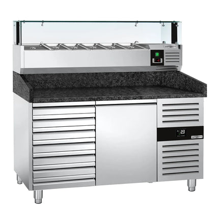 GGM Gastro Commercial Pizza Prep Counter - Granite Top PREMIUM - 1500x800mm - with 1 doors & 7 drawers - incl. refrigerated topping unit with glass sneeze guard LED - 6x GN 1/3