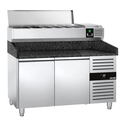 GGM Gastro Commercial Pizza Prep Counter - Granite Top PREMIUM - 1500x800mm - with 2 doors - incl. refrigerated topping unit - 7x GN 1/4