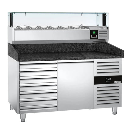 GGM Gastro Commercial Pizza Prep Counter - Granite Top PREMIUM - 1500x800mm - with 1 doors & 7 drawers - incl. refrigerated topping unit with glass sneeze guard LED - 7x GN 1/4