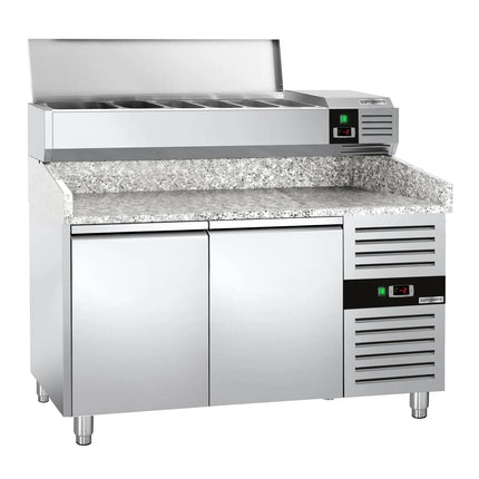 GGM Gastro Commercial Pizza Prep Counter - Granite Top PREMIUM - 1500x800mm - with 2 doors - incl. refrigerated topping unit - 6x GN 1/3