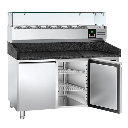 GGM Gastro Commercial Pizza Prep Counter - Granite Top PREMIUM - 1500x800mm - with 2 doors - incl. refrigerated topping unit with glass sneeze guard - 7x GN 1/4