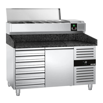 GGM Gastro Commercial Pizza Prep Counter - Granite Top PREMIUM - 1500x800mm - with 1 doors & 7 drawers - incl. refrigerated topping unit - 6x GN 1/3