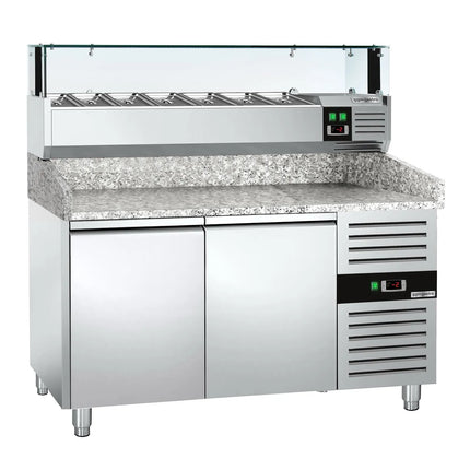 GGM Gastro Commercial Pizza Prep Counter - Granite Top PREMIUM - 1500x800mm - with 2 doors - incl. refrigerated topping unit with glass sneeze guard LED - 7x GN 1/4