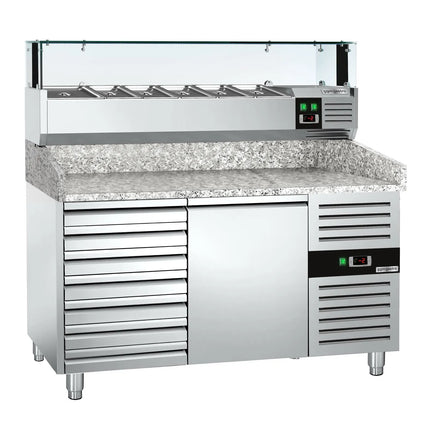 GGM Gastro Commercial Pizza Prep Counter - Granite Top PREMIUM - 1500x800mm - with 1 doors & 7 drawers - incl. refrigerated topping unit with glass sneeze guard LED - 5x GN 1/3 + 1x GN 1/2