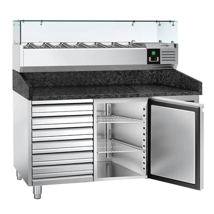 GGM Gastro Commercial Pizza Prep Counter - Granite Top PREMIUM - 1500x800mm - with 1 doors & 7 drawers - incl. refrigerated topping unit with glass sneeze guard - 7x GN 1/4