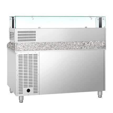 GGM Gastro Commercial Pizza Prep Counter - Granite Top PREMIUM - 1500x800mm - with 1 doors & 7 drawers - incl. refrigerated topping unit with glass sneeze guard LED - 5x GN 1/3 + 1x GN 1/2