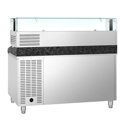 GGM Gastro Commercial Pizza Prep Counter - Granite Top PREMIUM - 1500x800mm - with 1 doors & 7 drawers - incl. refrigerated topping unit with glass sneeze guard LED - 7x GN 1/4