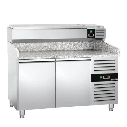 GGM Gastro Commercial Pizza Prep Counter - Granite Top PREMIUM - 1500x800mm - with 2 doors - incl. refrigerated topping unit - 7x GN 1/4