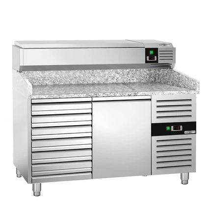 GGM Gastro Commercial Pizza Prep Counter - Granite Top PREMIUM - 1500x800mm - with 1 doors & 7 drawers - incl. refrigerated topping unit - 6x GN 1/3
