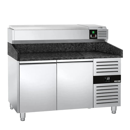 GGM Gastro Commercial Pizza Prep Counter - Granite Top PREMIUM - 1500x800mm - with 2 doors - incl. refrigerated topping unit - 7x GN 1/4