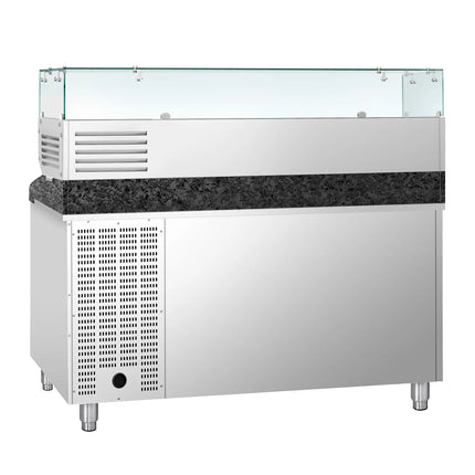 GGM Gastro Commercial Pizza Prep Counter - Granite Top PREMIUM - 1500x800mm - with 2 doors - incl. refrigerated topping unit with glass sneeze guard - 7x GN 1/4