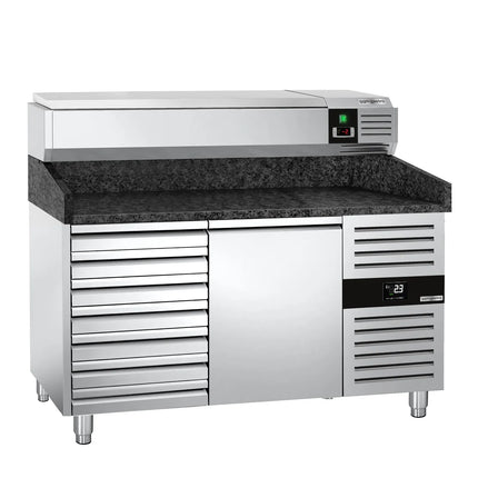 GGM Gastro Commercial Pizza Prep Counter - Granite Top PREMIUM - 1500x800mm - with 1 doors & 7 drawers - incl. refrigerated topping unit - 7x GN 1/4