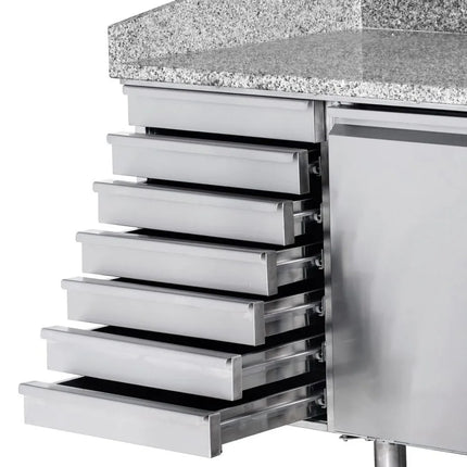 GGM Gastro Commercial Pizza Prep Counter - Granite Top PREMIUM - 1500x800mm - with 1 doors & 7 drawers - incl. refrigerated topping unit with glass sneeze guard LED - 7x GN 1/4