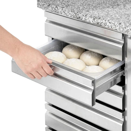 GGM Gastro Commercial Pizza Prep Counter - Granite Top PREMIUM - 1500x800mm - with 1 doors & 7 drawers - incl. refrigerated topping unit - 6x GN 1/3