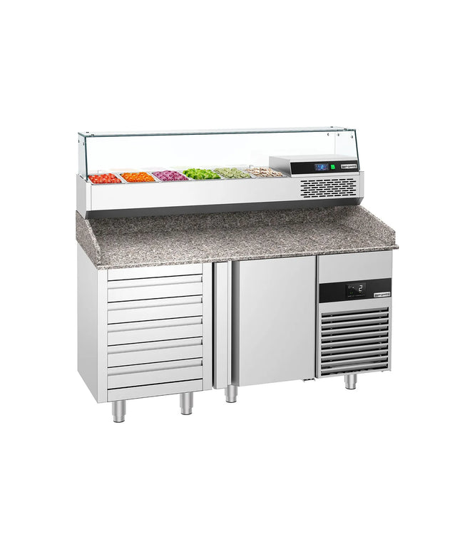 GGM Gastro Commercial Pizza Prep Counter - Granite Top PREMIUM - 1550x800mm - with 1 doors & 5 drawers - incl. refrigerated topping unit with glass sneeze guard - 6x GN 1/3