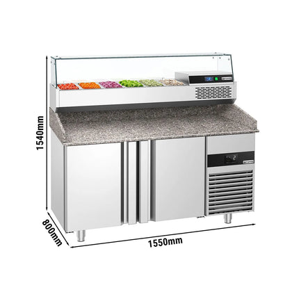 GGM Gastro Commercial Pizza Prep Counter - Granite Top PREMIUM - 1550x800mm - with 2 doors - incl. refrigerated topping unit with glass sneeze guard - 6x GN 1/3