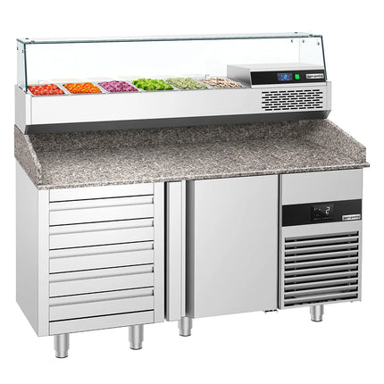 GGM Gastro Commercial Pizza Prep Counter - Granite Top PREMIUM - 1550x800mm - with 1 doors & 5 drawers - incl. refrigerated topping unit with glass sneeze guard - 6x GN 1/3