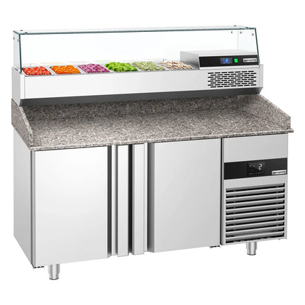 GGM Gastro Commercial Pizza Prep Counter - Granite Top PREMIUM - 1550x800mm - with 2 doors - incl. refrigerated topping unit with glass sneeze guard - 6x GN 1/3