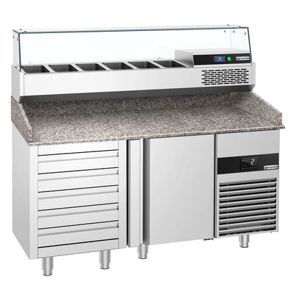 GGM Gastro Commercial Pizza Prep Counter - Granite Top PREMIUM - 1550x800mm - with 1 doors & 5 drawers - incl. refrigerated topping unit with glass sneeze guard - 6x GN 1/3