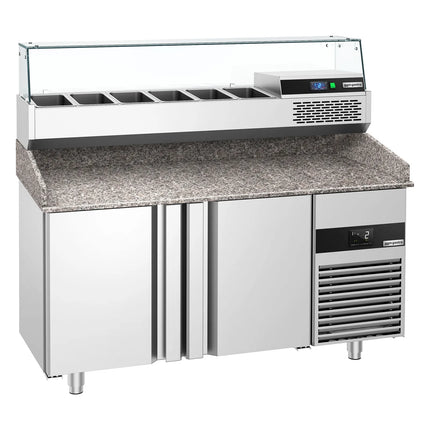 GGM Gastro Commercial Pizza Prep Counter - Granite Top PREMIUM - 1550x800mm - with 2 doors - incl. refrigerated topping unit with glass sneeze guard - 6x GN 1/3