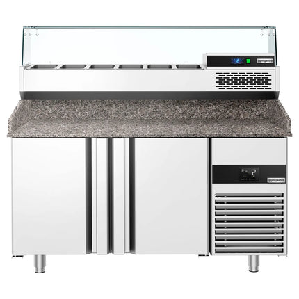 GGM Gastro Commercial Pizza Prep Counter - Granite Top PREMIUM - 1550x800mm - with 2 doors - incl. refrigerated topping unit with glass sneeze guard - 6x GN 1/3
