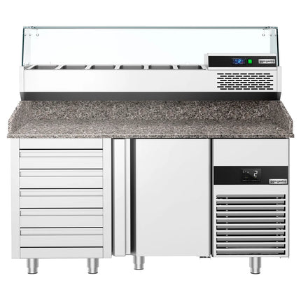 GGM Gastro Commercial Pizza Prep Counter - Granite Top PREMIUM - 1550x800mm - with 1 doors & 5 drawers - incl. refrigerated topping unit with glass sneeze guard - 6x GN 1/3