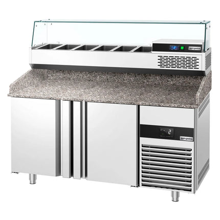 GGM Gastro Commercial Pizza Prep Counter - Granite Top PREMIUM - 1550x800mm - with 2 doors - incl. refrigerated topping unit with glass sneeze guard - 6x GN 1/3