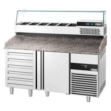 GGM Gastro Commercial Pizza Prep Counter - Granite Top PREMIUM - 1550x800mm - with 1 doors & 5 drawers - incl. refrigerated topping unit with glass sneeze guard - 6x GN 1/3