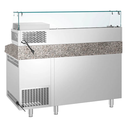 GGM Gastro Commercial Pizza Prep Counter - Granite Top PREMIUM - 1550x800mm - with 2 doors - incl. refrigerated topping unit with glass sneeze guard - 6x GN 1/3