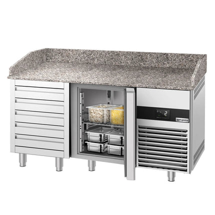 GGM Gastro Commercial Pizza Prep Counter - Granite Top PREMIUM - 1550x800mm - with 3 doors & 3 drawers