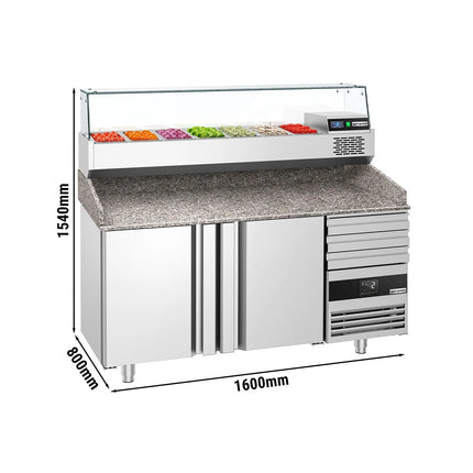 GGM Gastro Commercial Pizza Prep Counter - Granite Top PREMIUM - 1600x800mm - with 2 doors & 3 drawers - incl. refrigerated topping unit with glass sneeze guard - 6x GN 1/3