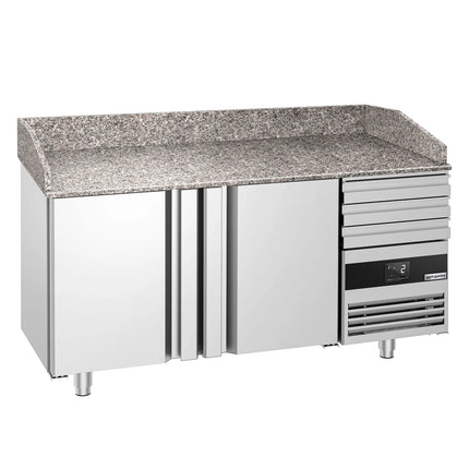 GGM Gastro Commercial Pizza Prep Counter - Granite Top PREMIUM - 1600x800mm - with 2 doors & 3 drawers