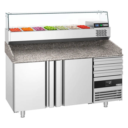 GGM Gastro Commercial Pizza Prep Counter - Granite Top PREMIUM - 1600x800mm - with 2 doors & 3 drawers - incl. refrigerated topping unit with glass sneeze guard - 6x GN 1/3