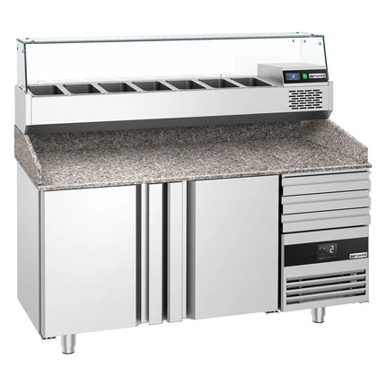 GGM Gastro Commercial Pizza Prep Counter - Granite Top PREMIUM - 1600x800mm - with 2 doors & 3 drawers - incl. refrigerated topping unit with glass sneeze guard - 6x GN 1/3