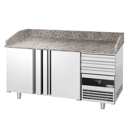 GGM Gastro Commercial Pizza Prep Counter - Granite Top PREMIUM - 1600x800mm - with 2 doors & 3 drawers