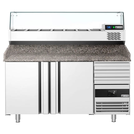 GGM Gastro Commercial Pizza Prep Counter - Granite Top PREMIUM - 1600x800mm - with 2 doors & 3 drawers - incl. refrigerated topping unit with glass sneeze guard - 6x GN 1/3
