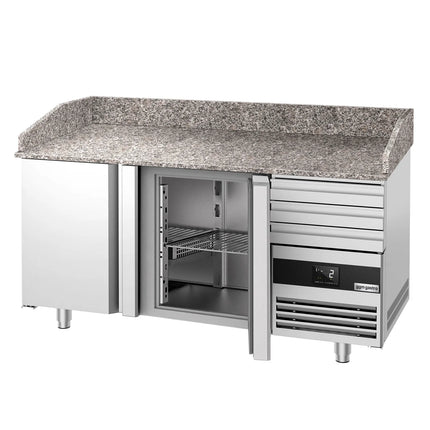 GGM Gastro Commercial Pizza Prep Counter - Granite Top PREMIUM - 1600x800mm - with 2 doors & 3 drawers