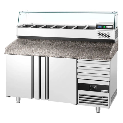 GGM Gastro Commercial Pizza Prep Counter - Granite Top PREMIUM - 1600x800mm - with 2 doors & 3 drawers - incl. refrigerated topping unit with glass sneeze guard - 6x GN 1/3