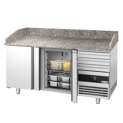 GGM Gastro Commercial Pizza Prep Counter - Granite Top PREMIUM - 1600x800mm - with 2 doors & 3 drawers
