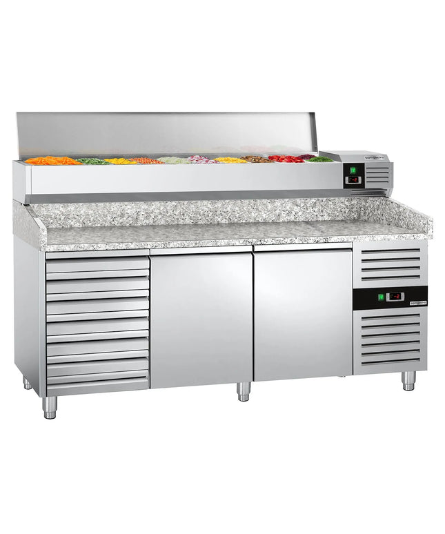 GGM Gastro Commercial Pizza Prep Counter - Granite Top PREMIUM - 2000x800mm - with 2 doors & 7 drawers - incl. refrigerated topping unit with glass sneeze guard LED - 10x GN 1/4