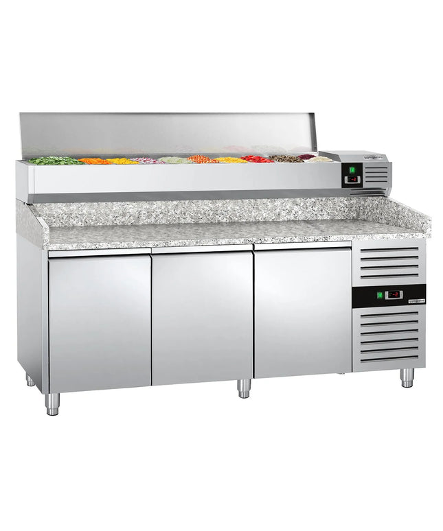 GGM Gastro Commercial Pizza Prep Counter - Granite Top PREMIUM - 2000x800mm - with 3 doors - incl. refrigerated topping unit with glass sneeze guard LED - 9x GN 1/3