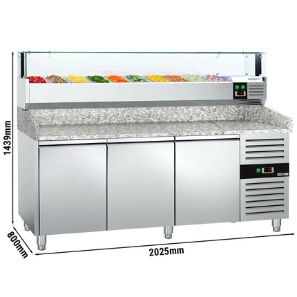 GGM Gastro Commercial Pizza Prep Counter - Granite Top PREMIUM - 2000x800mm - with 3 doors - incl. refrigerated topping unit with glass sneeze guard LED - 10x GN 1/4