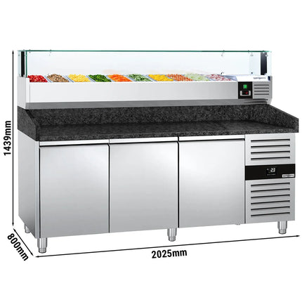 GGM Gastro Commercial Pizza Prep Counter - Granite Top PREMIUM - 2000x800mm - with 3 doors - incl. refrigerated topping unit with glass sneeze guard LED - 10x GN 1/4